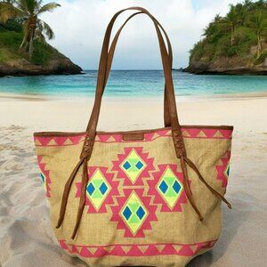 Billabong Boho Tote Beach Bag Southwest Purse Aztec Burlap Lined Hobo Tan Pink